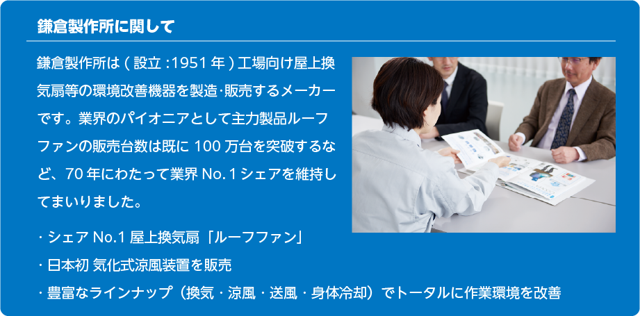 鎌倉製作所に関して 鎌倉製作所は(設立:1951年)工場向け屋上換気扇等の環境改善機器を製造･販売するメーカーです。業界のパイオニアとして主力製品ルーフファンの販売台数は既に100万台を突破するなど、70年にわたって業界No.１シェアを維持してまいりました。・シェアNo.1 屋上換気扇「ルーフファン」・日本初 気化式涼風装置を販売・豊富なラインナップ（換気・涼風・送風・身体冷却）でトータルに作業環境を改善