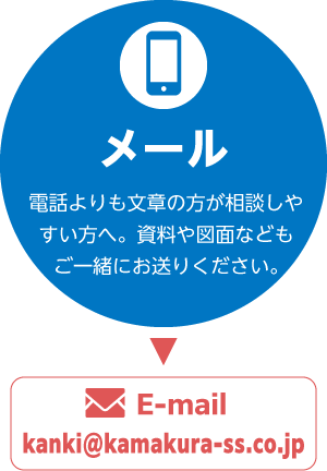 2.メール 電話よりも文章の方が相談しやすい方へ。資料や図面などもご一緒にお送りください。（kanki@kamakura-ss.co.jp）