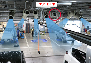 各ストール(整備区域)へ向け搬送ファンでエアコンの 冷気を送風。搬送ファン1台以上の風が各ストールへ向けられるよう 計画しています。